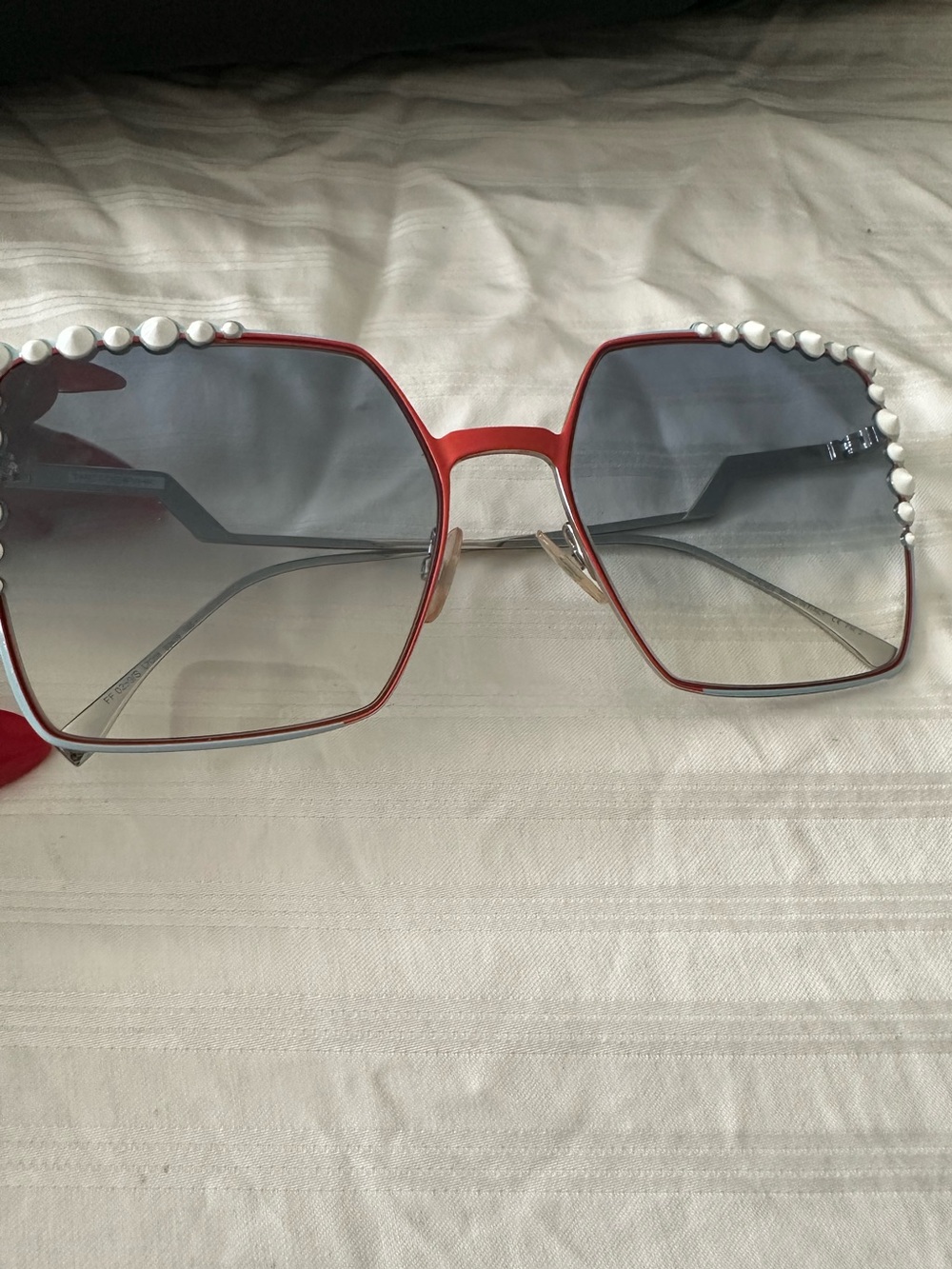 Fendi Red Square Sunglasses with Pearl Trim